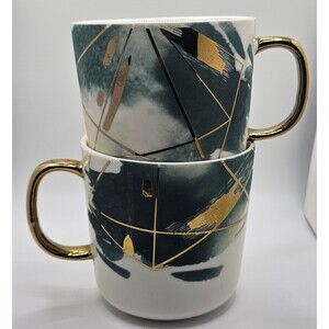 Grace Teaware Set Of 2 Fine Porcelan Mugs Green And Gold Abstract
